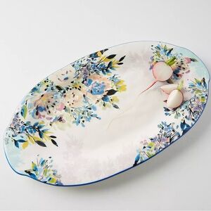 Anthropologie White Blue Gardenshire Floral Oval Serving Platter